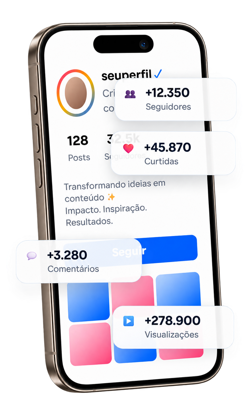 iPhone Pro Max exibindo uma simulação de perfil do Instagram com métricas de seguidores, curtidas, comentários e visualizações